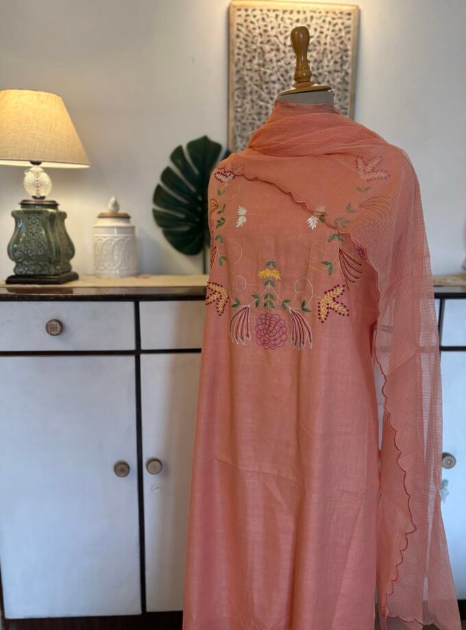 HandEmbroidered Pure Cotton Slub Salwar by Ikhtirah (Peach)
