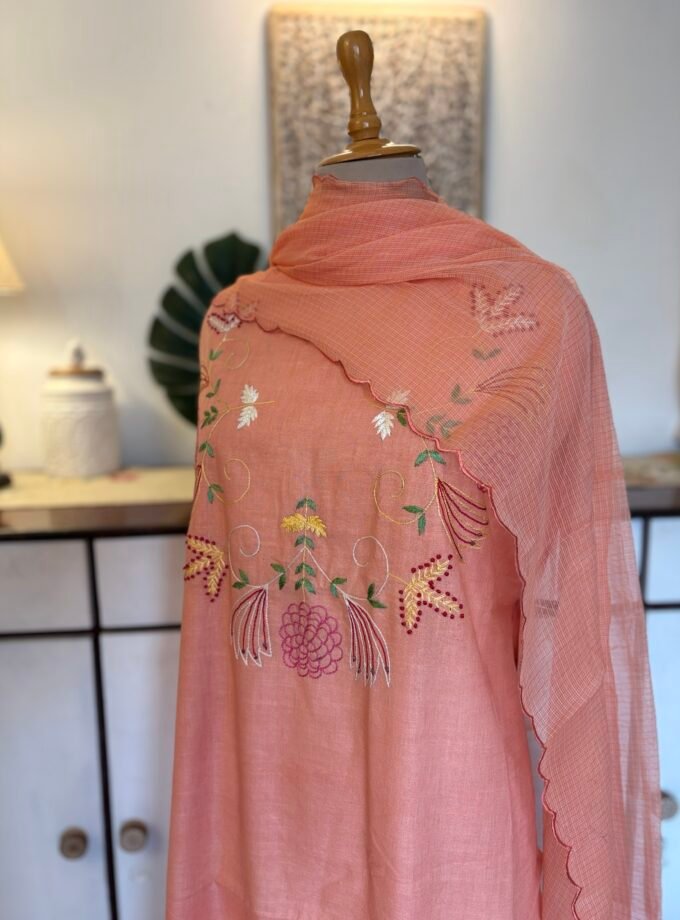 HandEmbroidered Pure Cotton Slub Salwar by Ikhtirah (Peach)