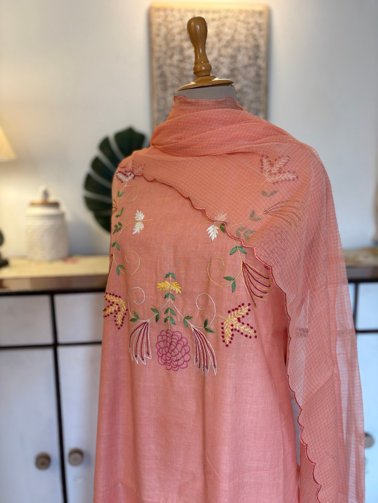 HandEmbroidered Pure Cotton Slub Salwar by Ikhtirah (Peach)