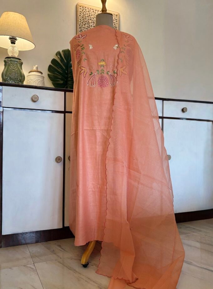 HandEmbroidered Pure Cotton Slub Salwar by Ikhtirah (Peach)
