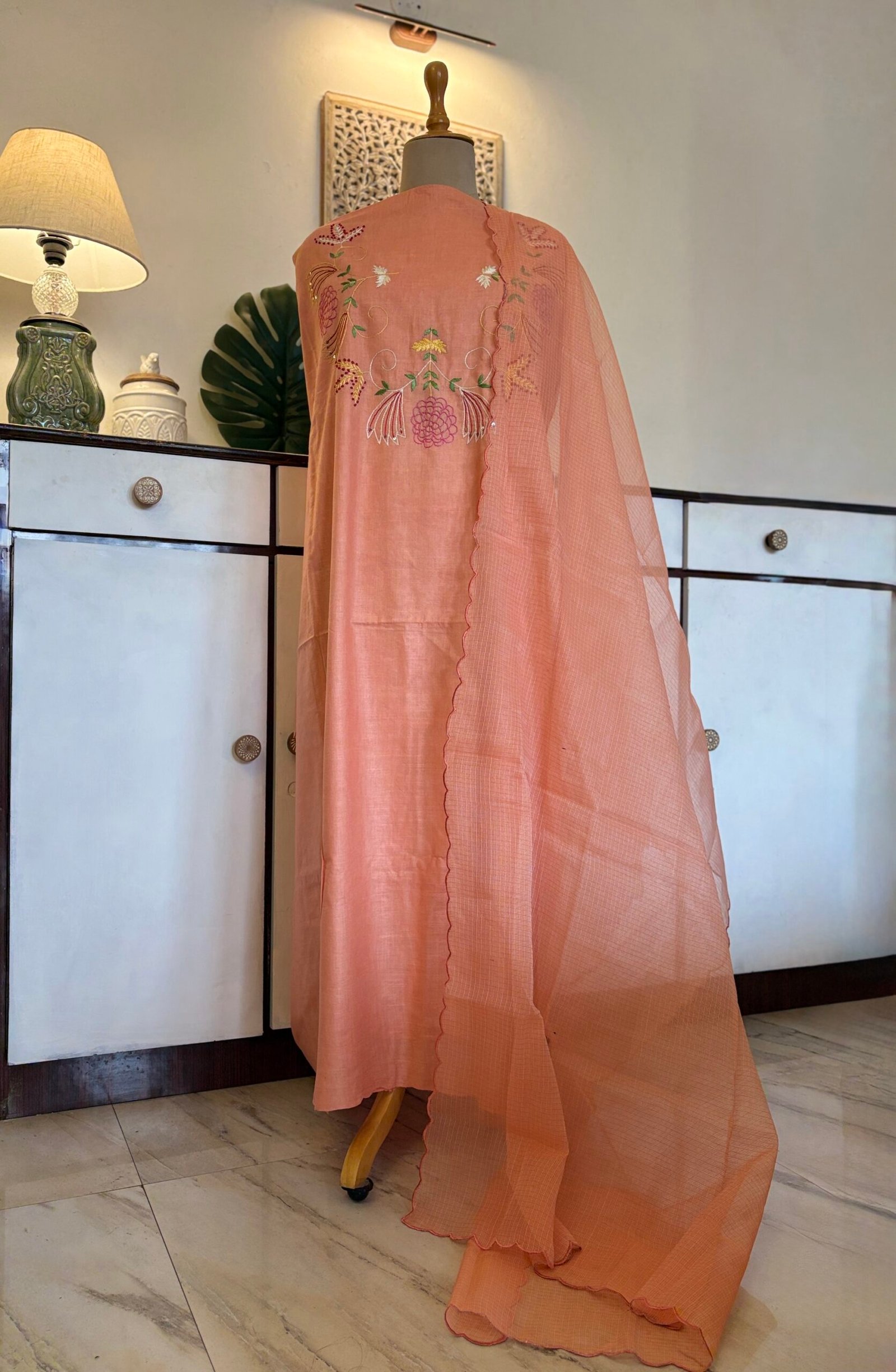 HandEmbroidered Pure Cotton Slub Salwar by Ikhtirah (Peach) - Image 2
