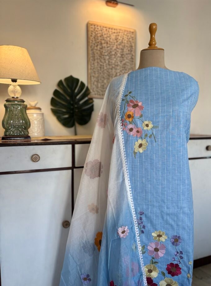 Embroidered Floral South Cotton Salwars by Ikhtirah (Powder Blue) Lace Variant 1 with Musleen Lower
