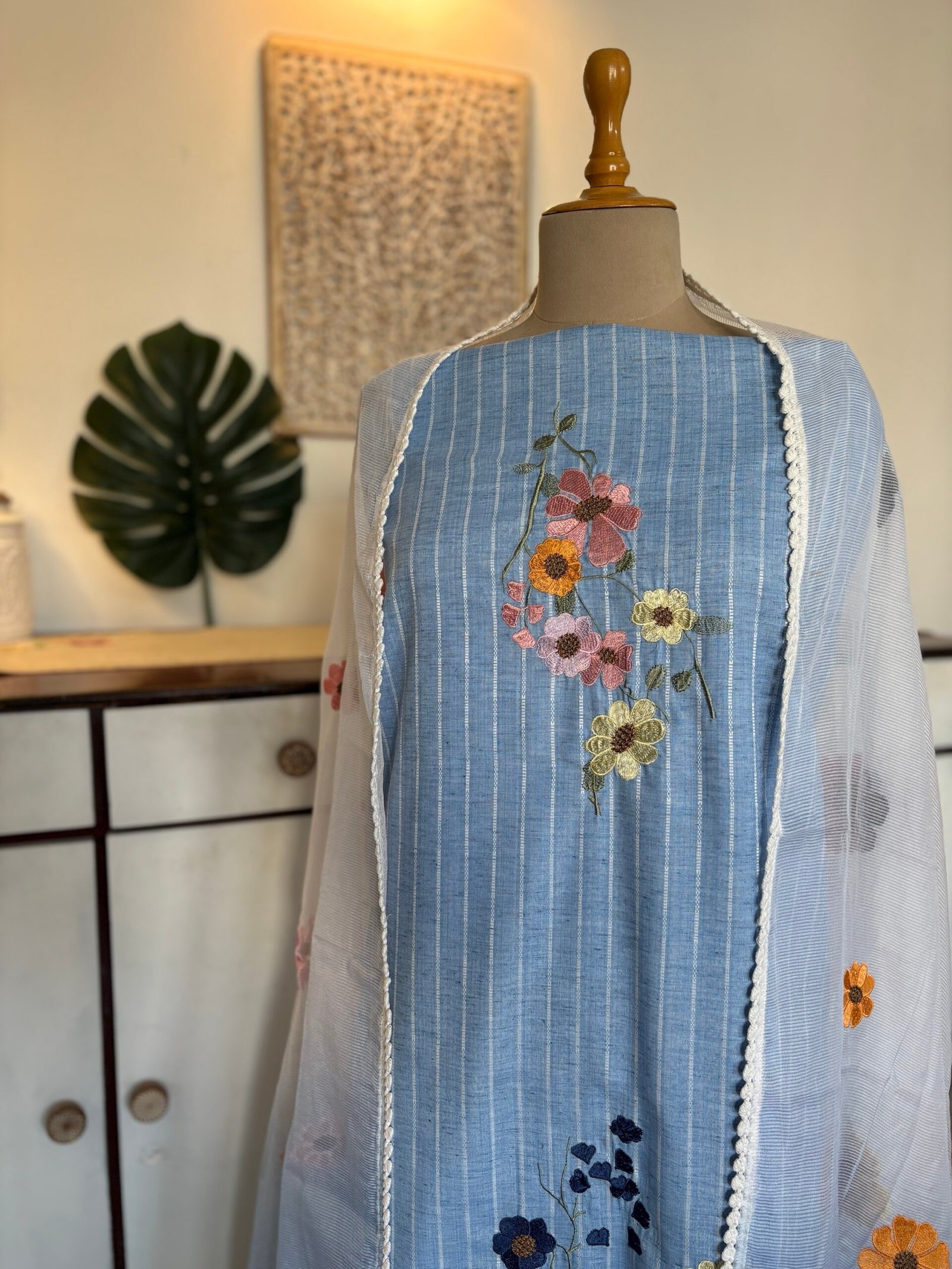 Embroidered Floral South Cotton Salwars by Ikhtirah (Powder Blue) Lace Variant 2 with running south cotton lower - Image 9