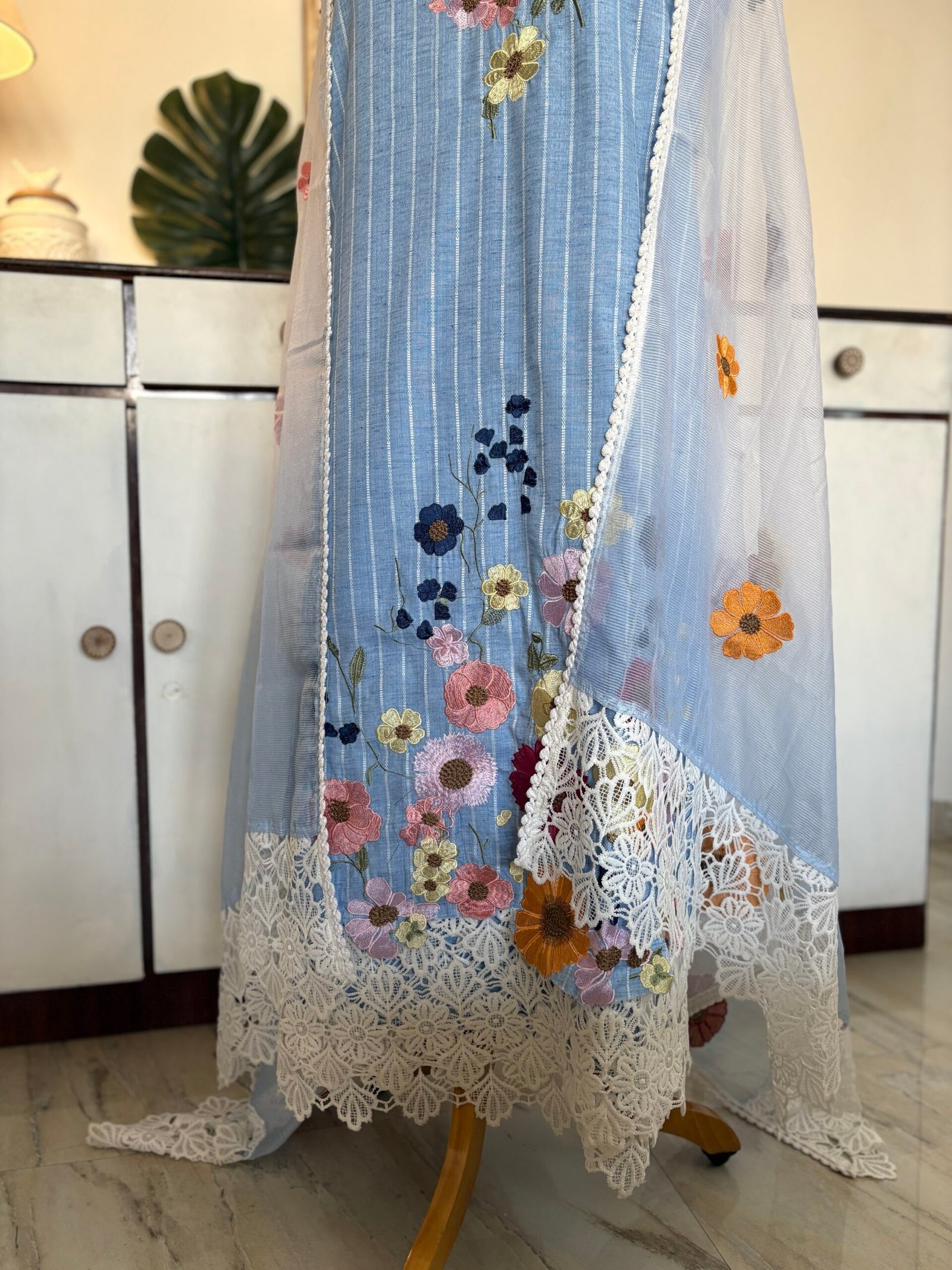 Embroidered Floral South Cotton Salwars by Ikhtirah (Powder Blue) Lace Variant 2 with running south cotton lower - Image 7