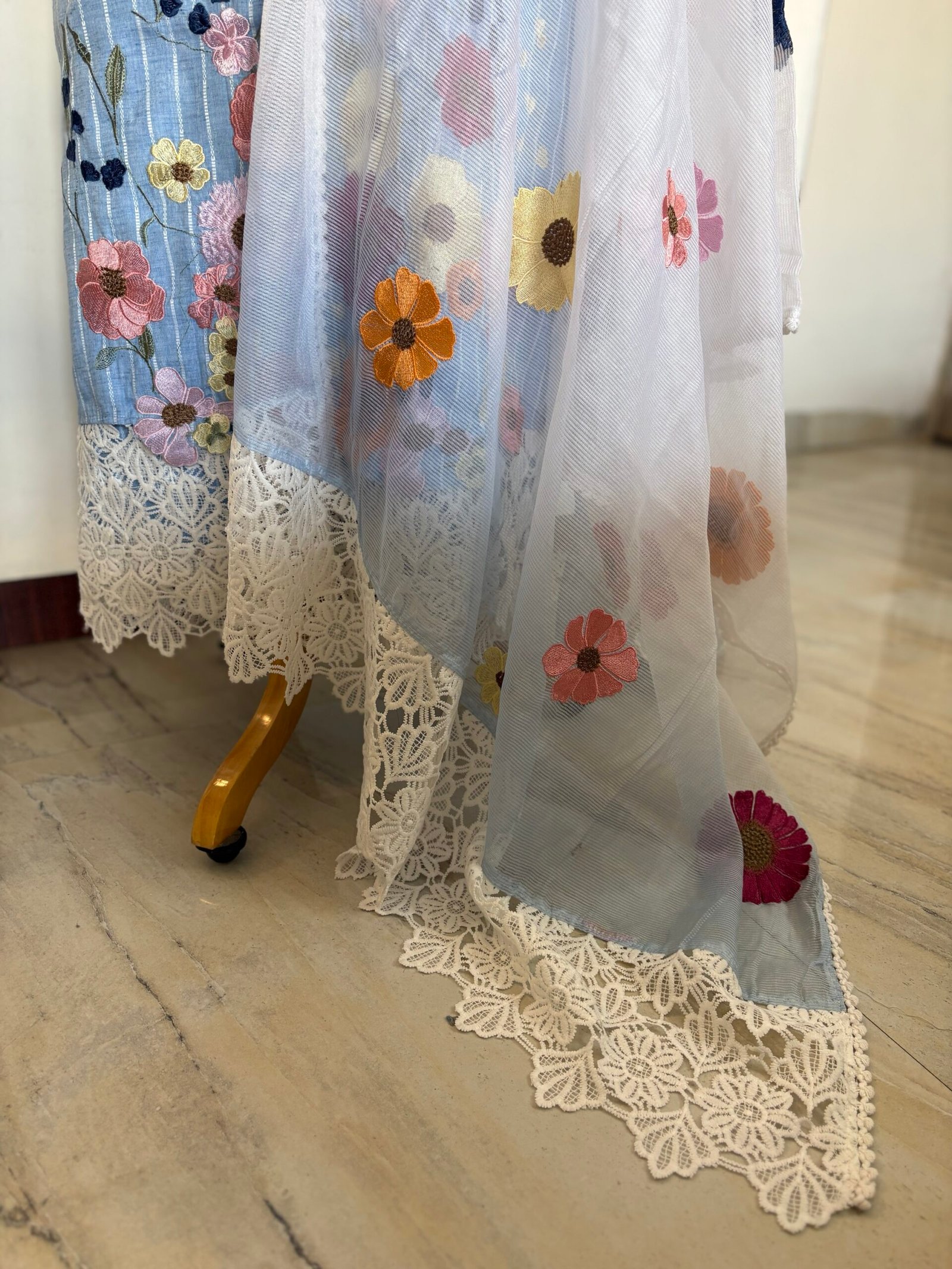 Embroidered Floral South Cotton Salwars by Ikhtirah (Powder Blue) Lace Variant 2 with running south cotton lower - Image 4