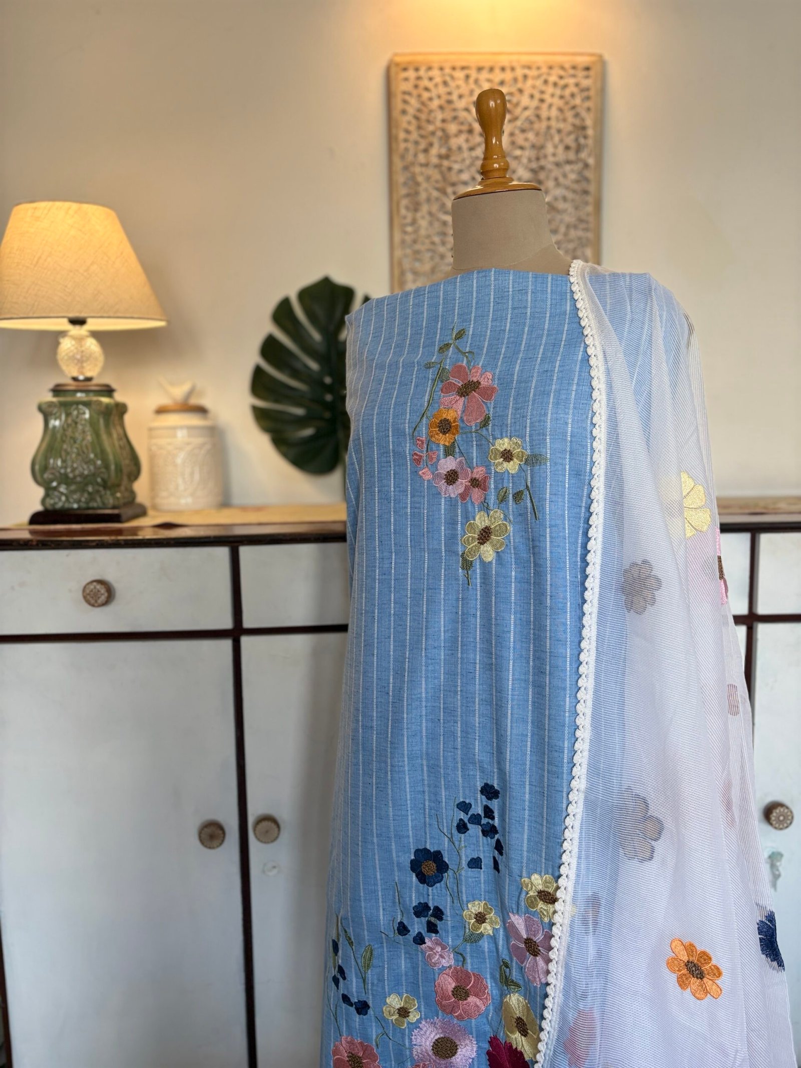 Embroidered Floral South Cotton Salwars by Ikhtirah (Powder Blue) Lace Variant 2 with running south cotton lower - Image 2