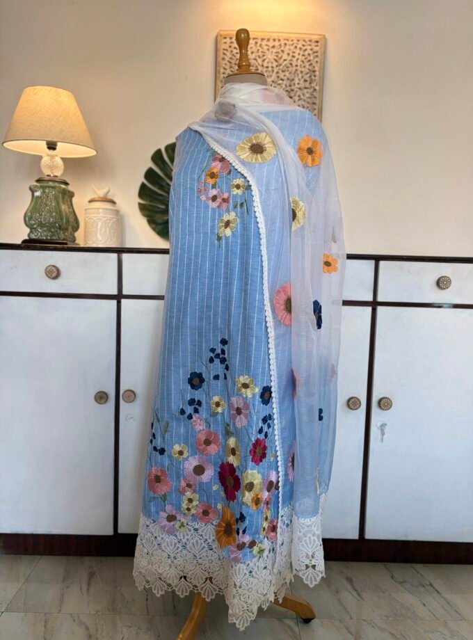 Embroidered Floral South Cotton Salwars by Ikhtirah (Powder Blue) Lace Variant 2 with running south cotton lower