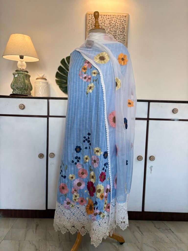 Embroidered Floral South Cotton Salwars by Ikhtirah (Powder Blue) Lace Variant 2 with running south cotton lower