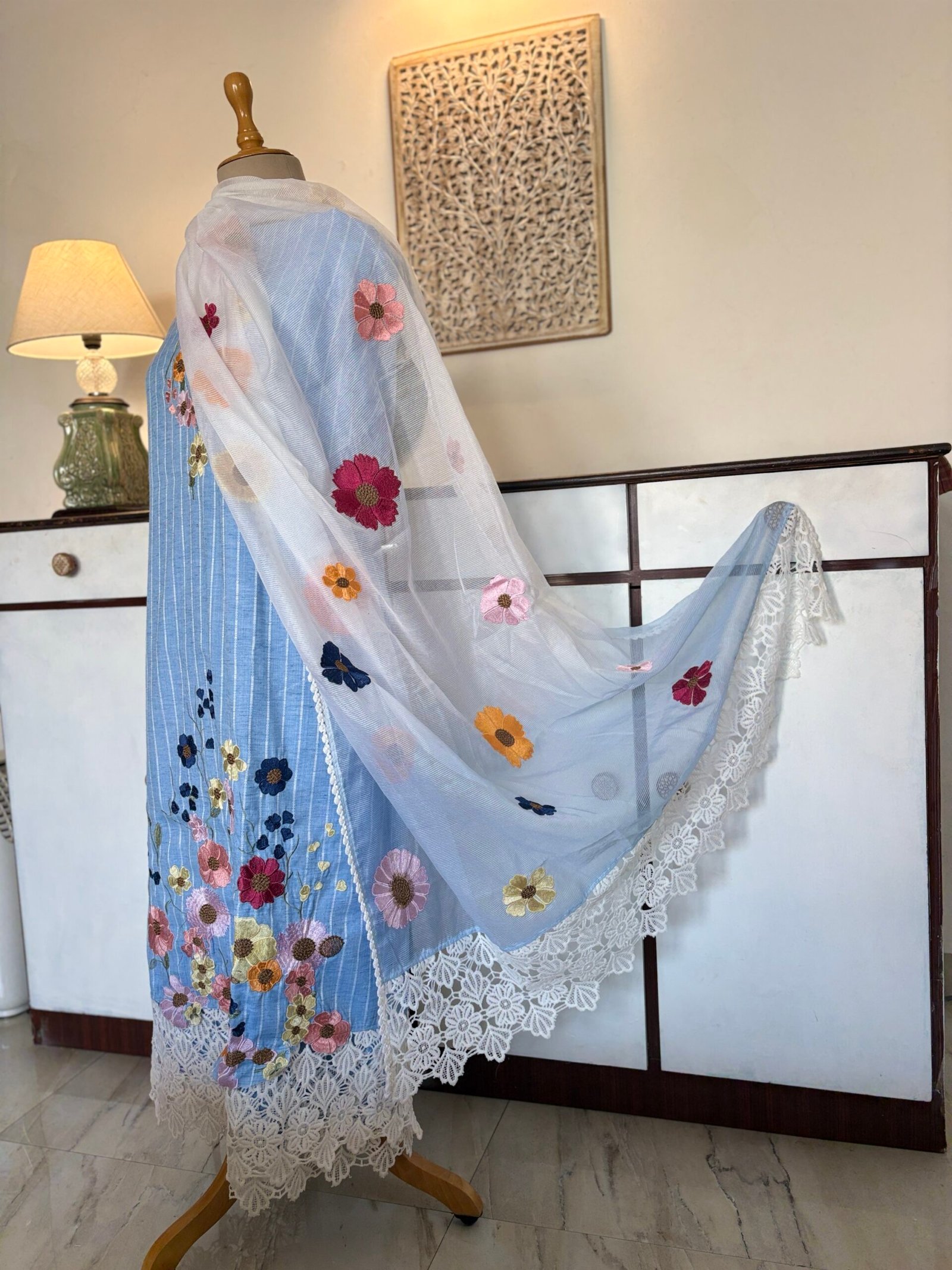 Embroidered Floral South Cotton Salwars by Ikhtirah (Powder Blue) Lace Variant 2 with running south cotton lower - Image 6