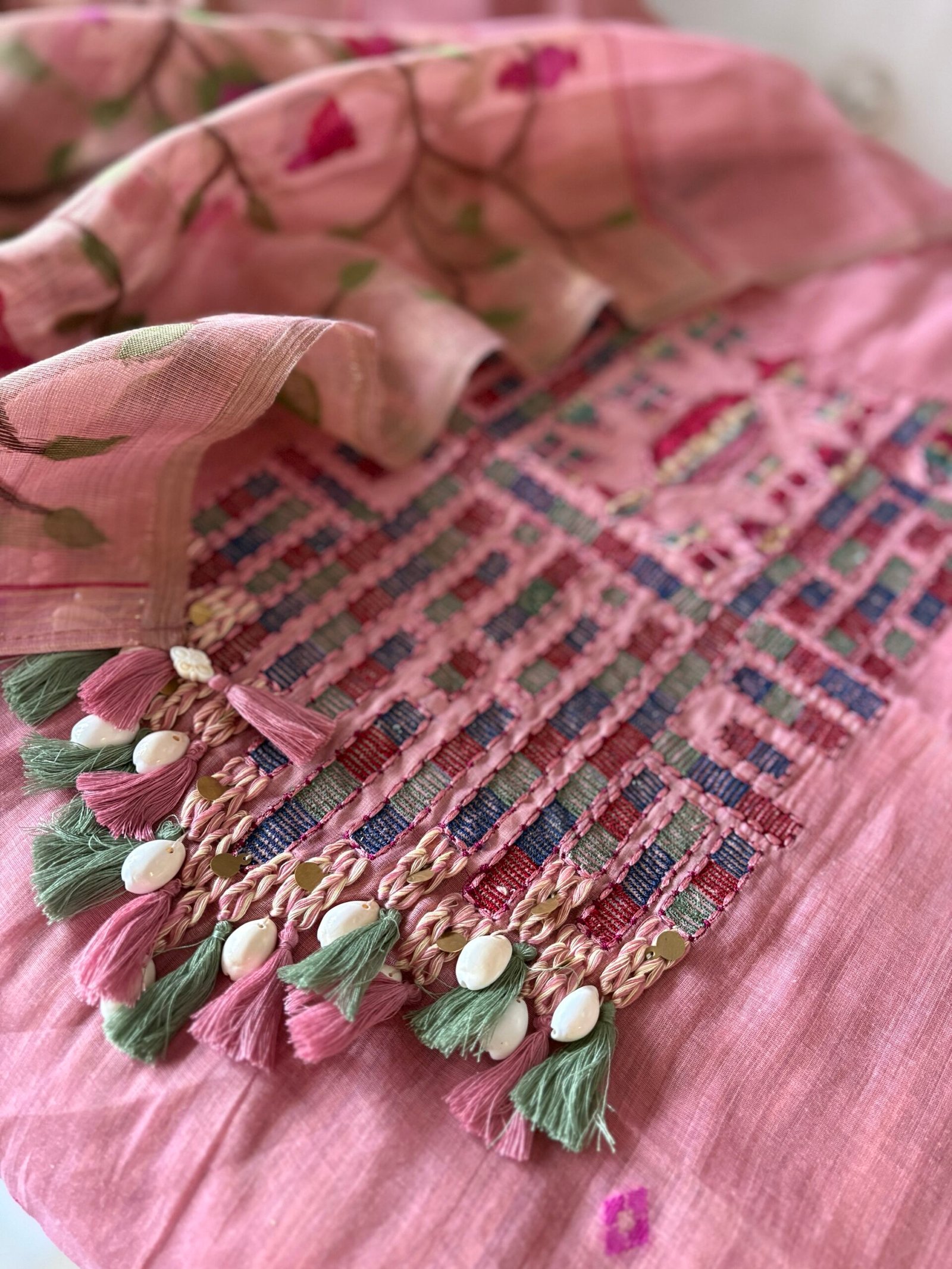 Embroidered Woven Soft Chanderi Cotton Jamdani Salwars by Ikhtirah - Image 4