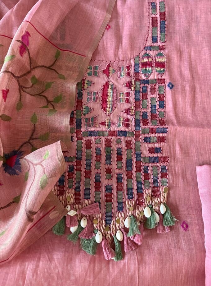 Embroidered Woven Soft Chanderi Cotton Jamdani Salwars by Ikhtirah