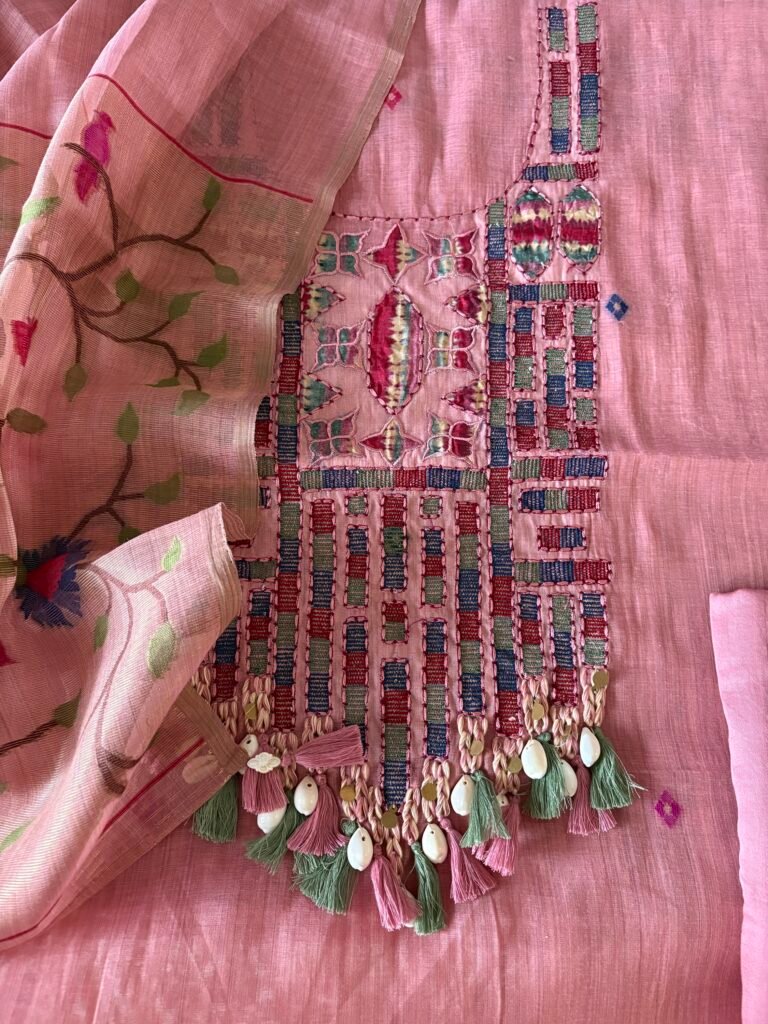 Embroidered Woven Soft Jamdani Salwars by Ikhtirah (Blush Pink)