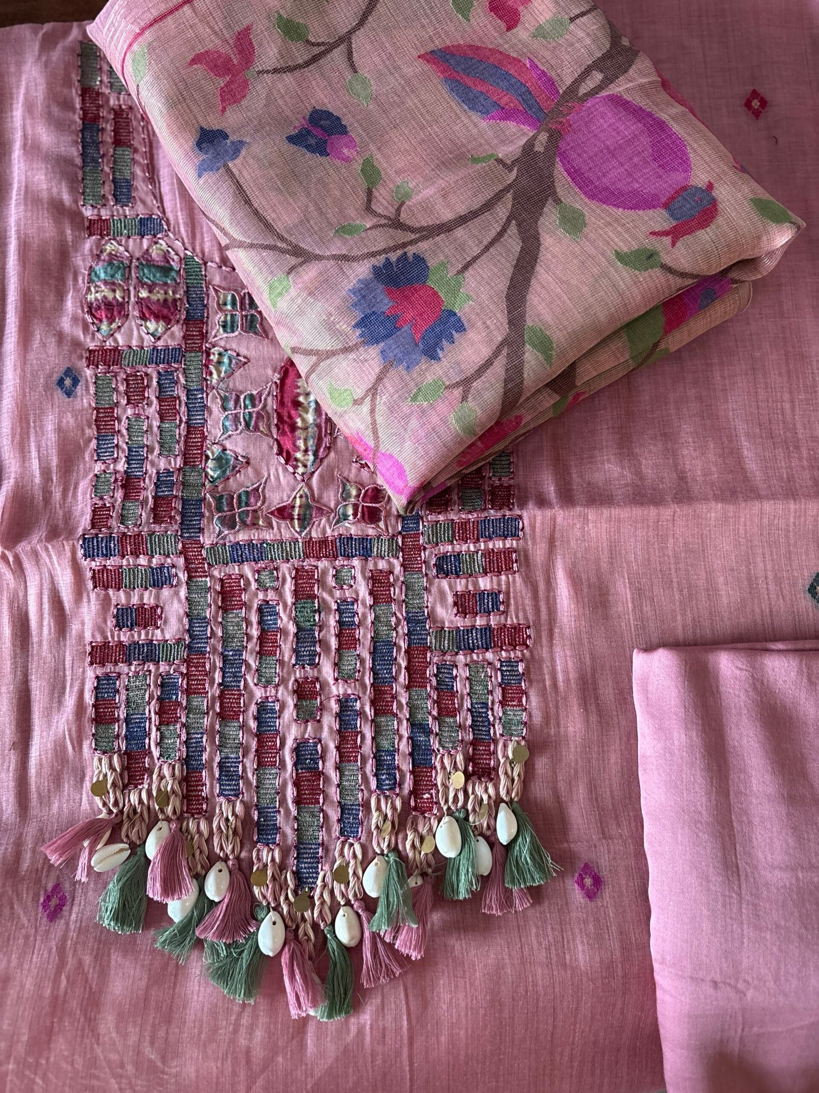 Embroidered Woven Soft Chanderi Cotton Jamdani Salwars by Ikhtirah - Image 8