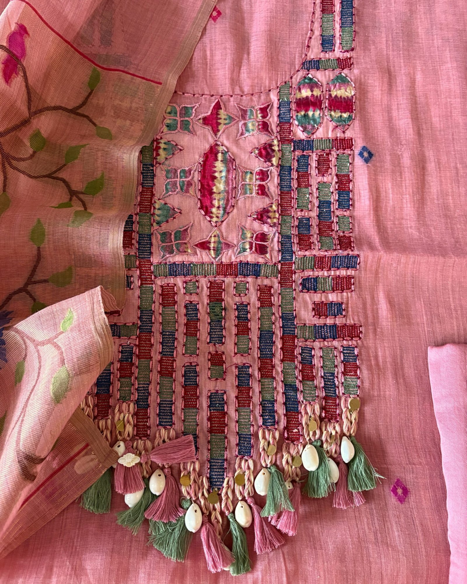 Embroidered Woven Soft Chanderi Cotton Jamdani Salwars by Ikhtirah - Image 5