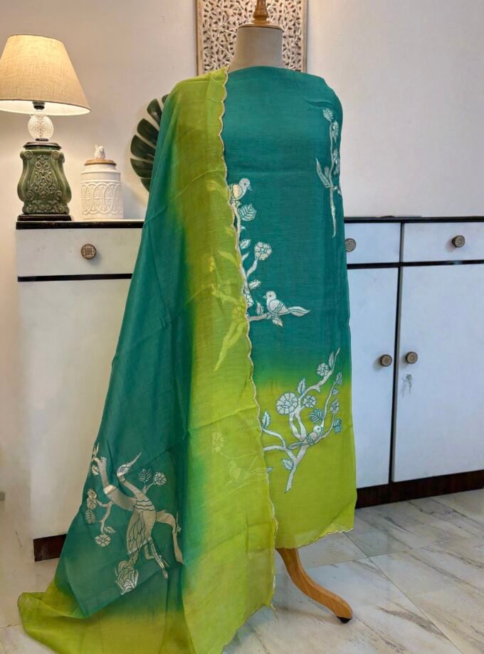 Applique worked Pure Chanderi Mul Salwars by Ikhtirah (Green)