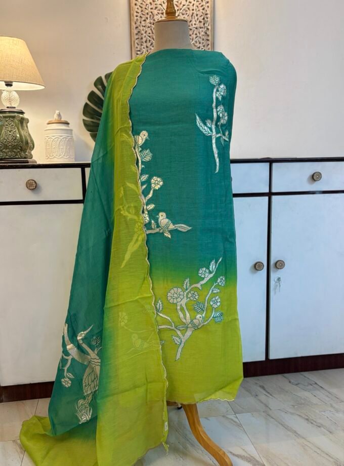 Applique worked Pure Chanderi Mul Salwars by Ikhtirah (Green)