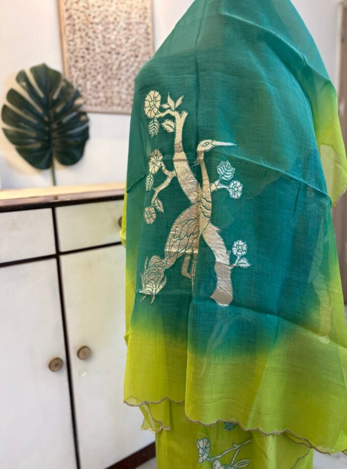 Applique worked Pure Chanderi Mul Salwars by Ikhtirah (Green)