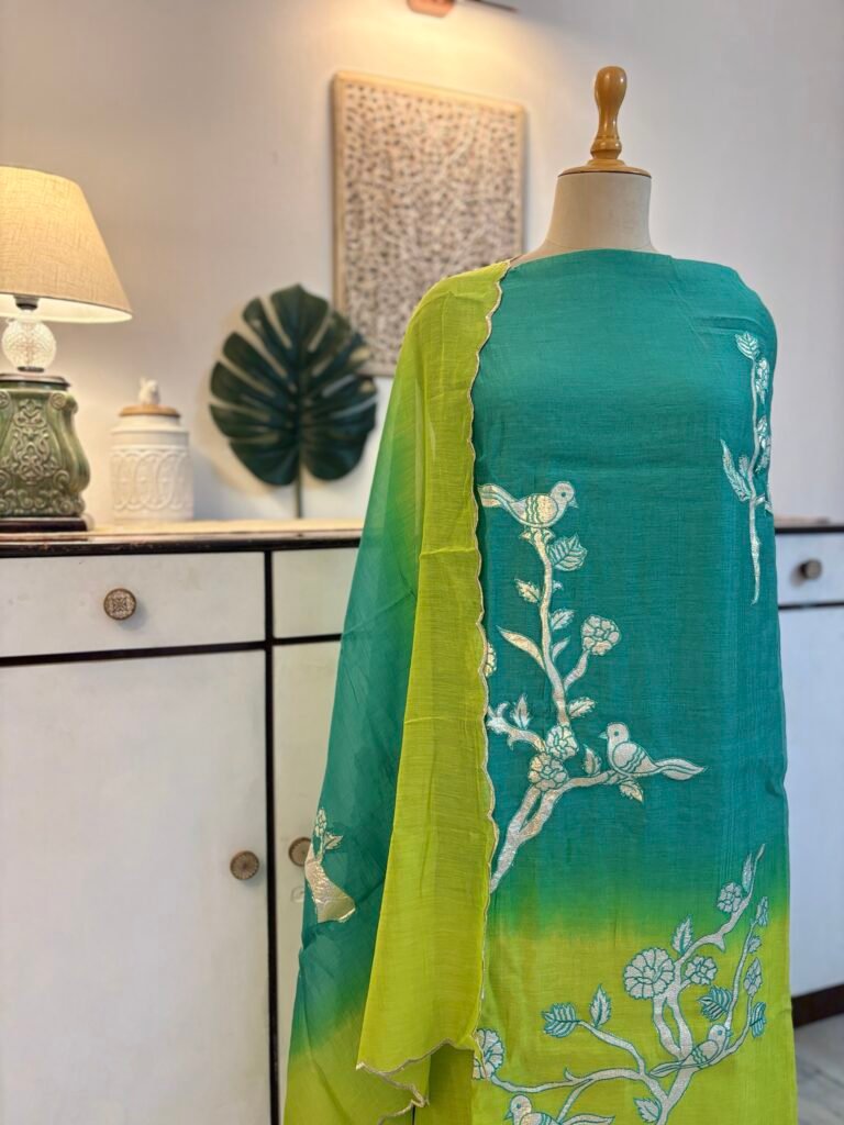 Applique worked Pure Chanderi Mul Salwars by Ikhtirah (Green)