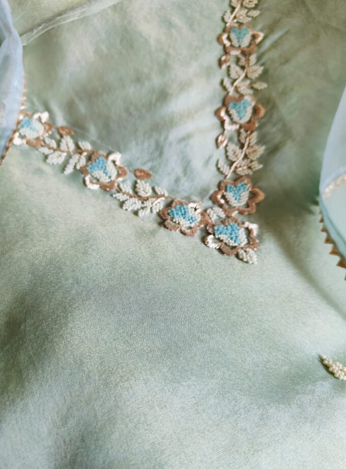 Hand Embroidered Pure Shimmer Tissue - Organza Salwars by Ikhtirah (Mint Green)