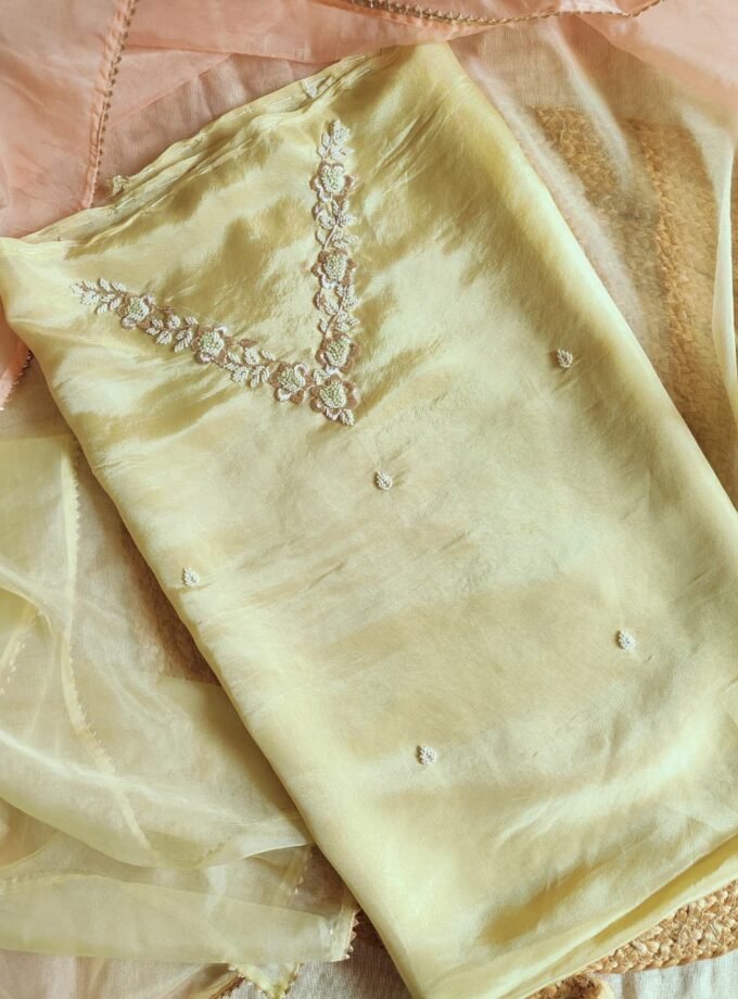 Hand Embroidered Pure Shimmer Tissue - Organza Salwars by Ikhtirah (Butter Yellow)