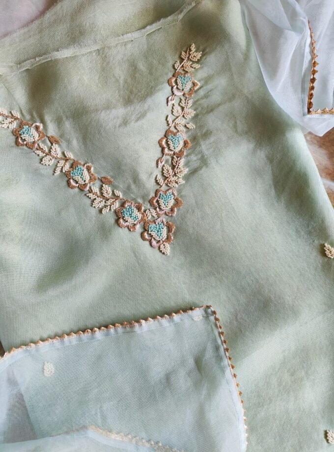 Hand Embroidered Pure Shimmer Tissue - Organza Salwars by Ikhtirah (Mint Green)