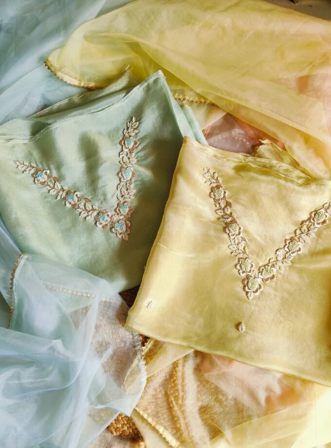 Hand Embroidered Pure Shimmer Tissue - Organza Salwars by Ikhtirah (Mint Green)