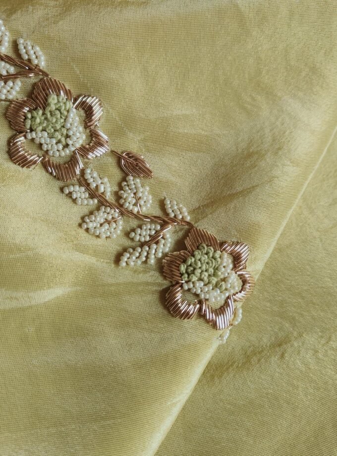 Hand Embroidered Pure Shimmer Tissue - Organza Salwars by Ikhtirah (Butter Yellow)