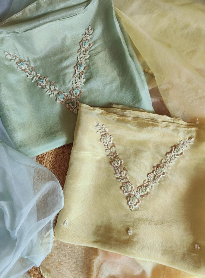 Hand Embroidered Pure Shimmer Tissue - Organza Salwars by Ikhtirah (Mint Green)