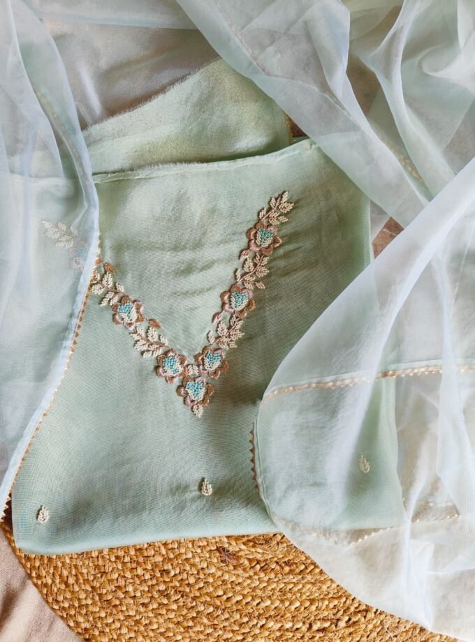Hand Embroidered Pure Shimmer Tissue - Organza Salwars by Ikhtirah (Mint Green)
