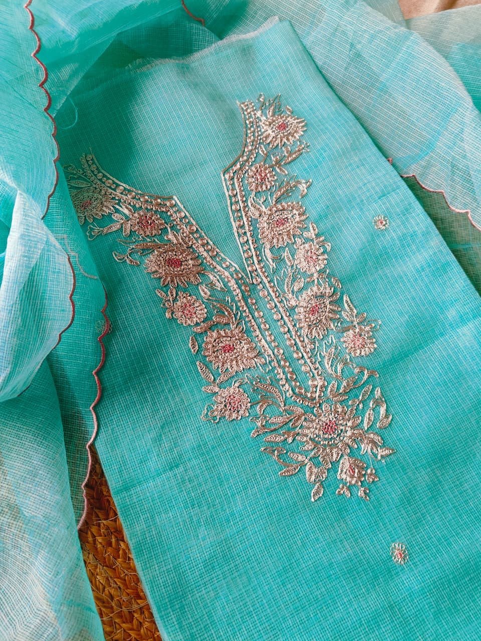 Handcrafted Mori worked Kota by Kota Salwars by Ikhtirah (Aqua)