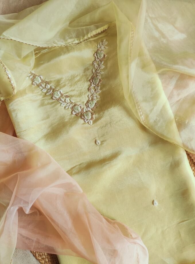Hand Embroidered Pure Shimmer Tissue - Organza Salwars by Ikhtirah (Butter Yellow)