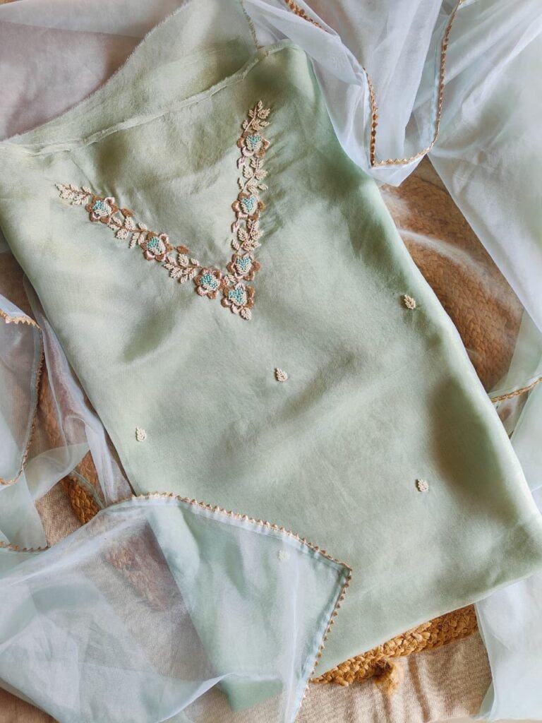 Hand Embroidered Pure Shimmer Tissue - Organza Salwars by Ikhtirah (Mint Green)