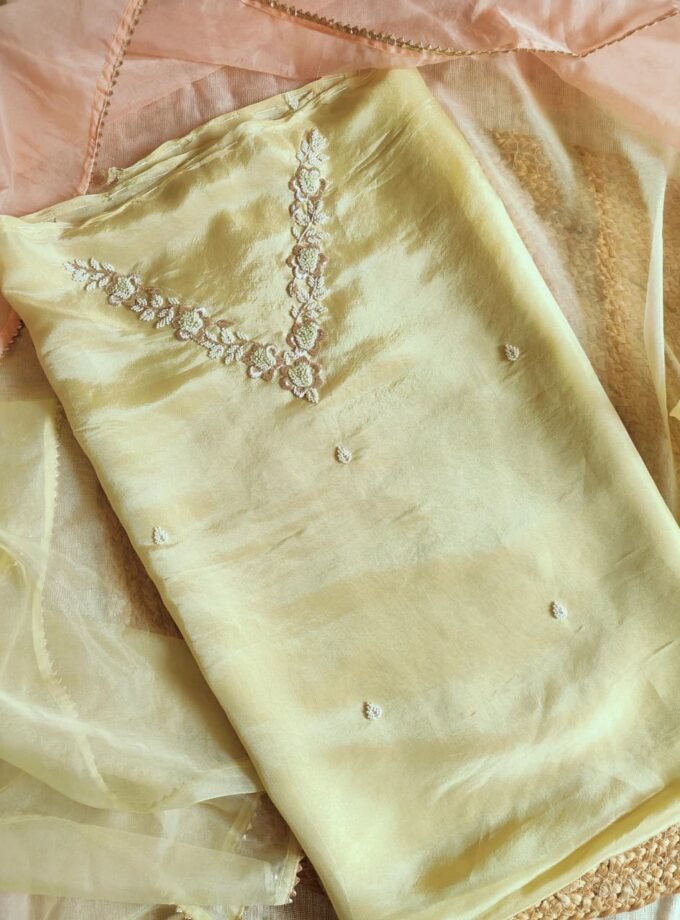 Hand Embroidered Pure Shimmer Tissue - Organza Salwars by Ikhtirah (Butter Yellow)