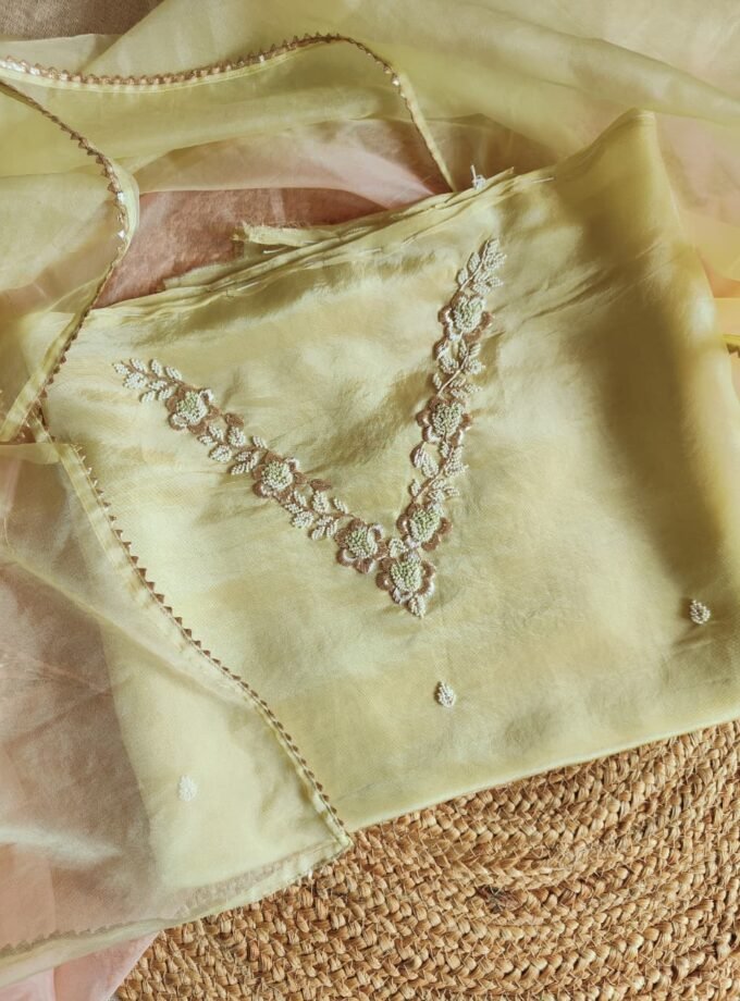 Hand Embroidered Pure Shimmer Tissue - Organza Salwars by Ikhtirah (Butter Yellow)