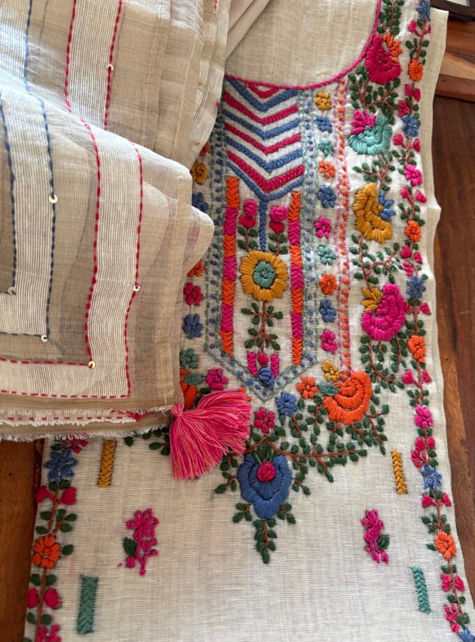 Hand Embroidered Chanderi Cotton Jamdaani Salwars by Ikhtirah