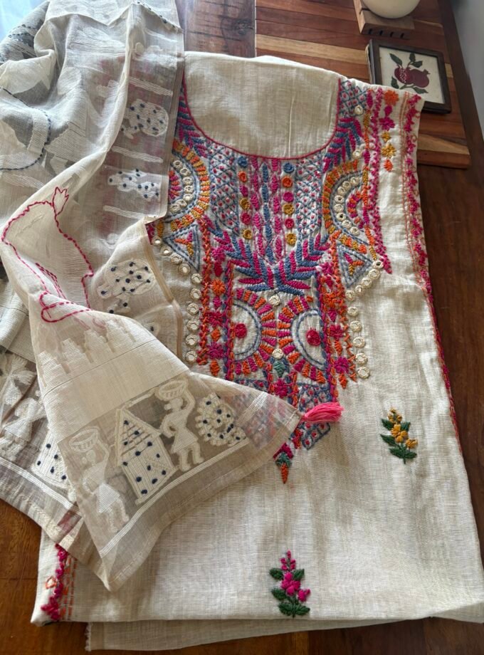 Hand Embroidered Chanderi Cotton Jamdaani Salwars by Ikhtirah