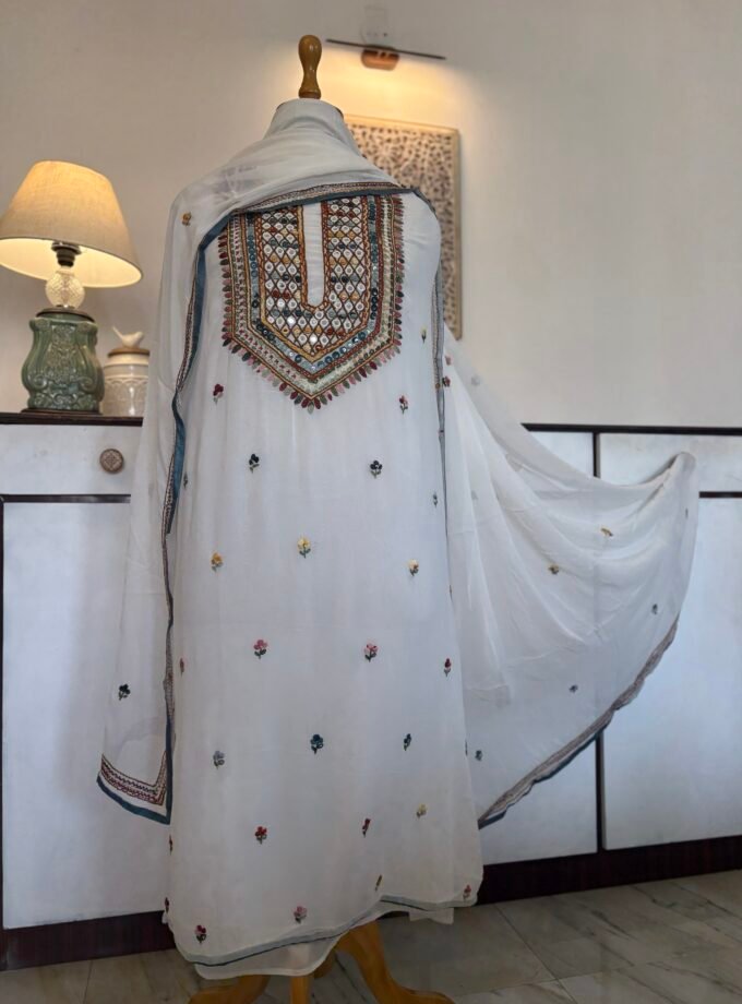 Gorgette Hand Embroidered Salwar by Ikhtirah (White)