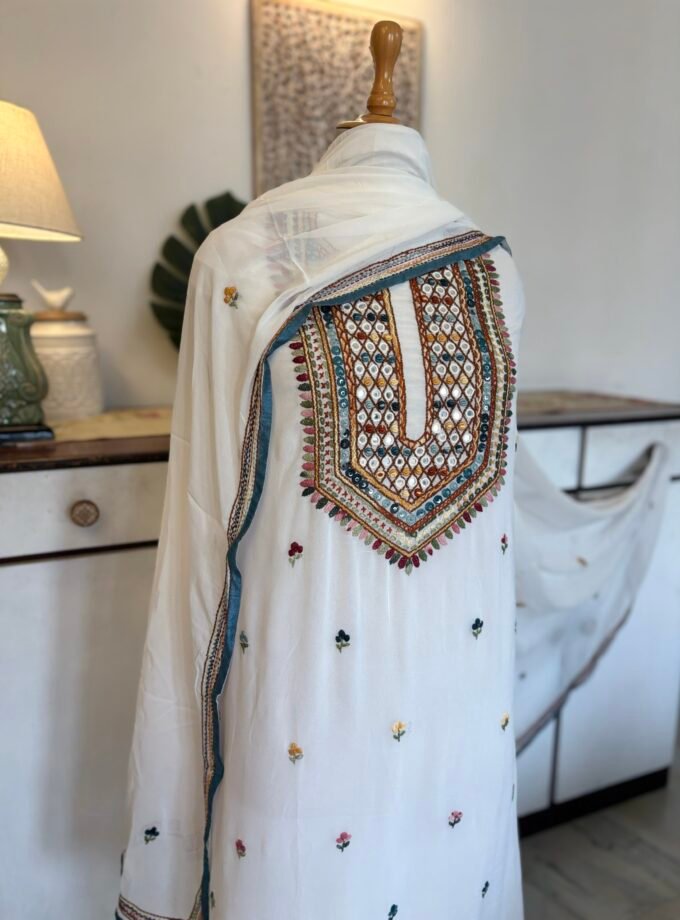 Gorgette Hand Embroidered Salwar by Ikhtirah (White)