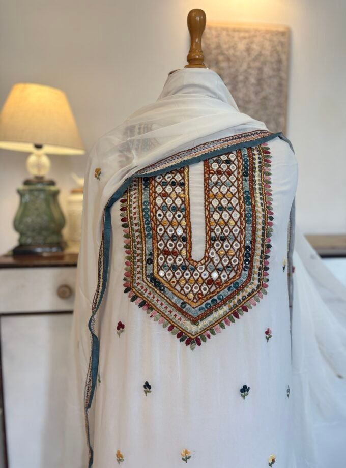 Gorgette Hand Embroidered Salwar by Ikhtirah (White)