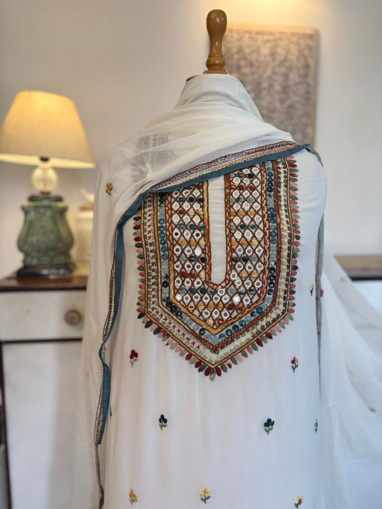 Gorgette Hand Embroidered Salwar by Ikhtirah (White)