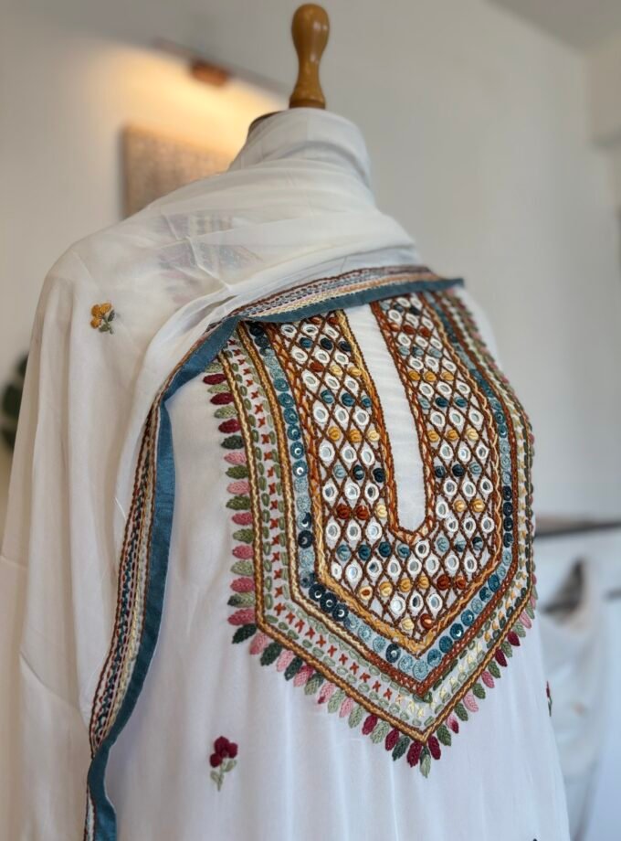 Gorgette Hand Embroidered Salwar by Ikhtirah (White)