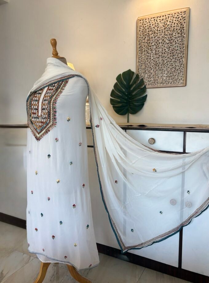 Gorgette Hand Embroidered Salwar by Ikhtirah (White)