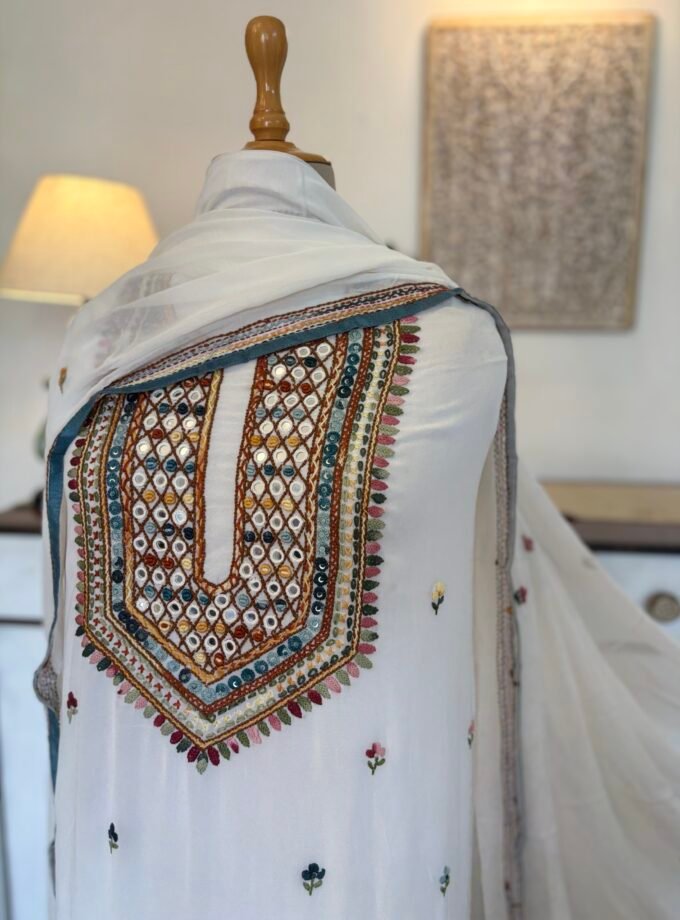 Gorgette Hand Embroidered Salwar by Ikhtirah (White)