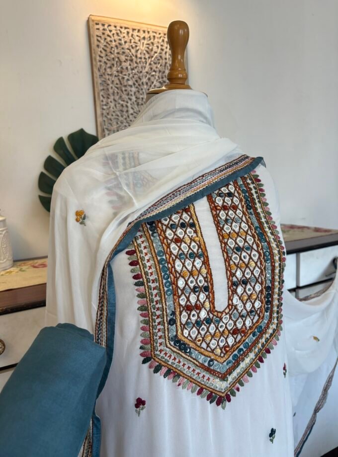 Gorgette Hand Embroidered Salwar by Ikhtirah (White)