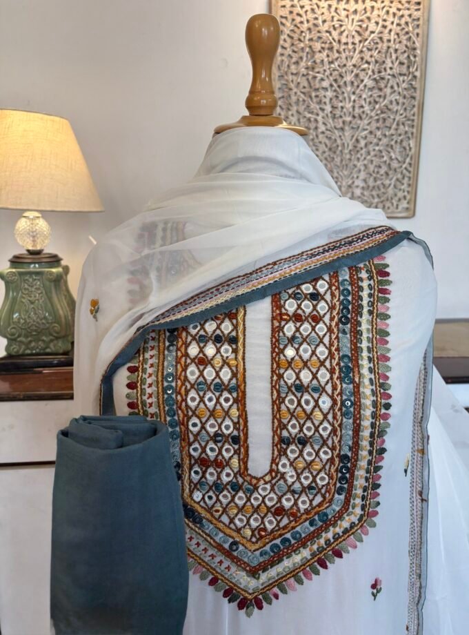 Gorgette Hand Embroidered Salwar by Ikhtirah (White)