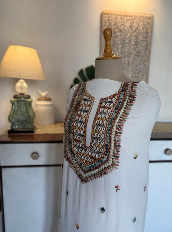 Gorgette Hand Embroidered Salwar by Ikhtirah (White)