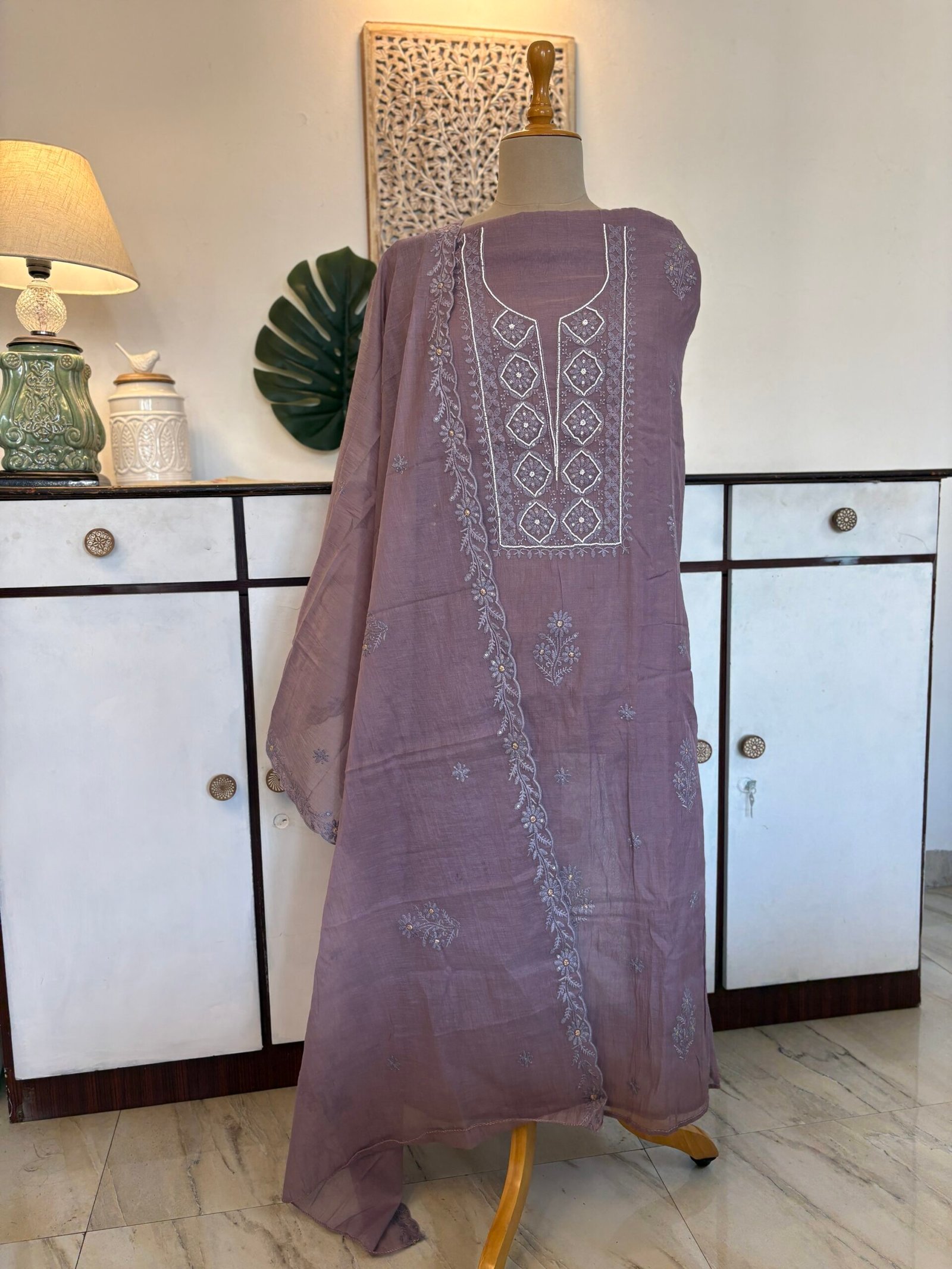 Mul Chanderi Hand-highlighted Salwars by Ikhtirah (Lavender/Purple) - Image 3