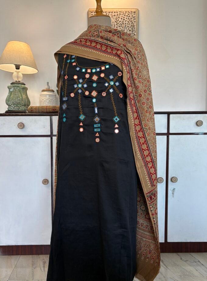 Hand Embroidered with real mirrors and Handblocked Cotton Salwars by Ikhtirah
