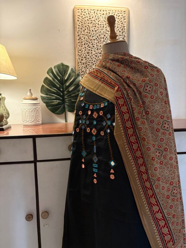 Hand Embroidered with real mirrors and Handblocked Cotton Salwars by Ikhtirah