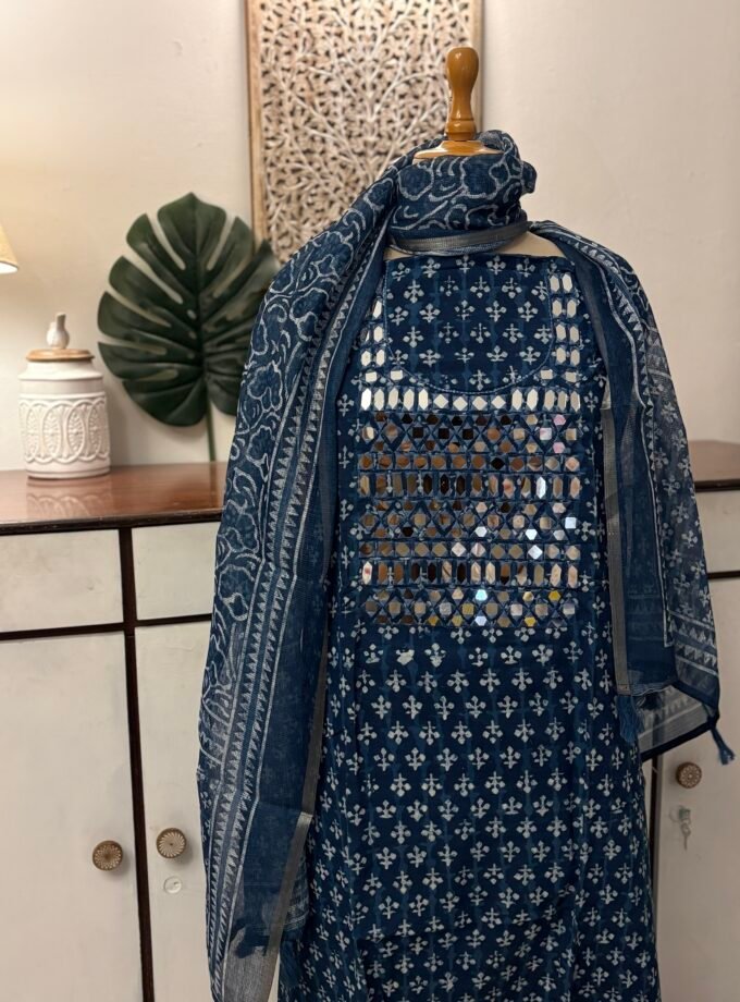 Hand Embroidered with real mirrors and Indigo Cotton Salwars by Ikhtirah